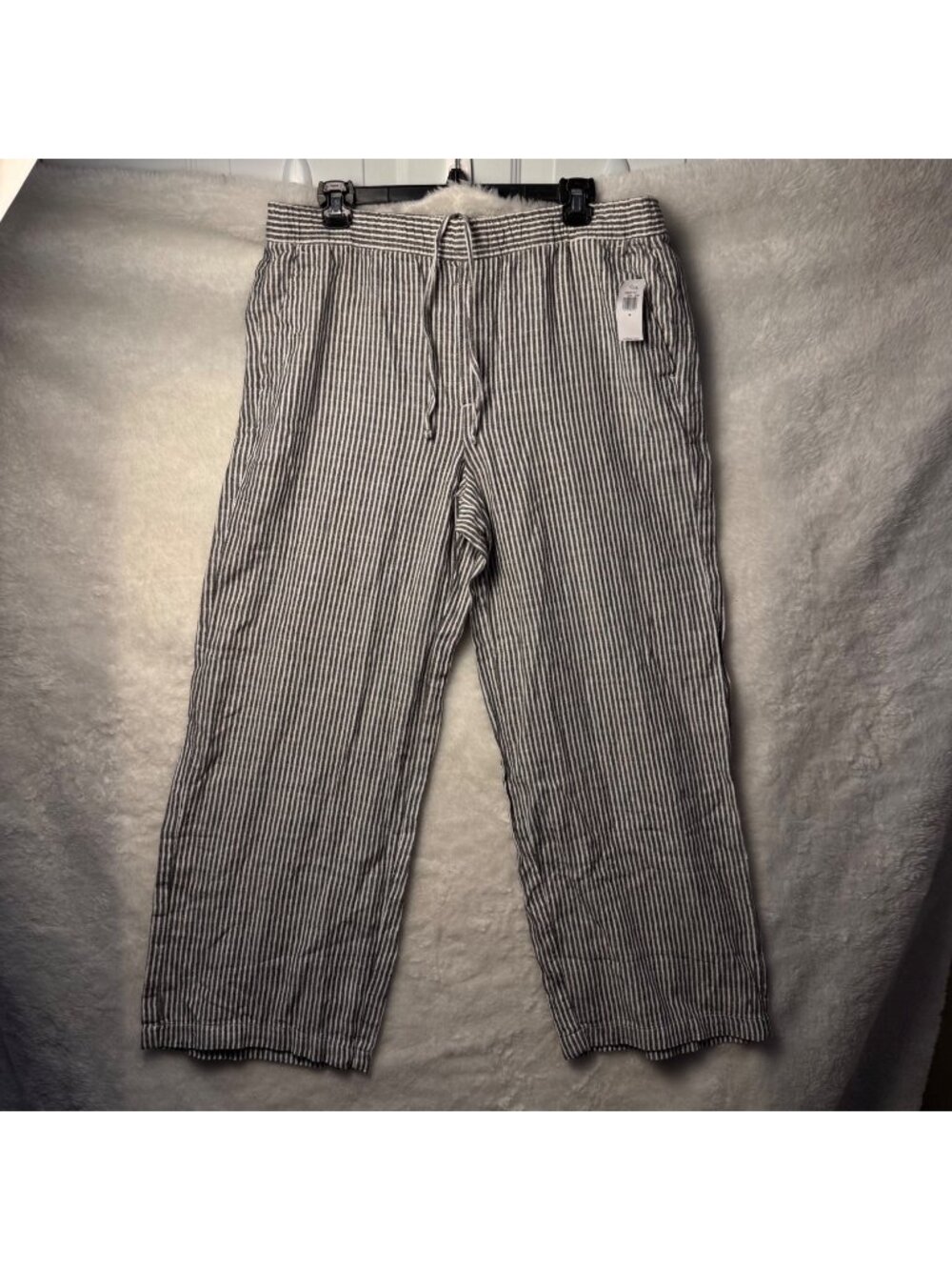 NWT Old Navy Striped Linen-Blend Pants Medium Gray White striped Elastic Waist